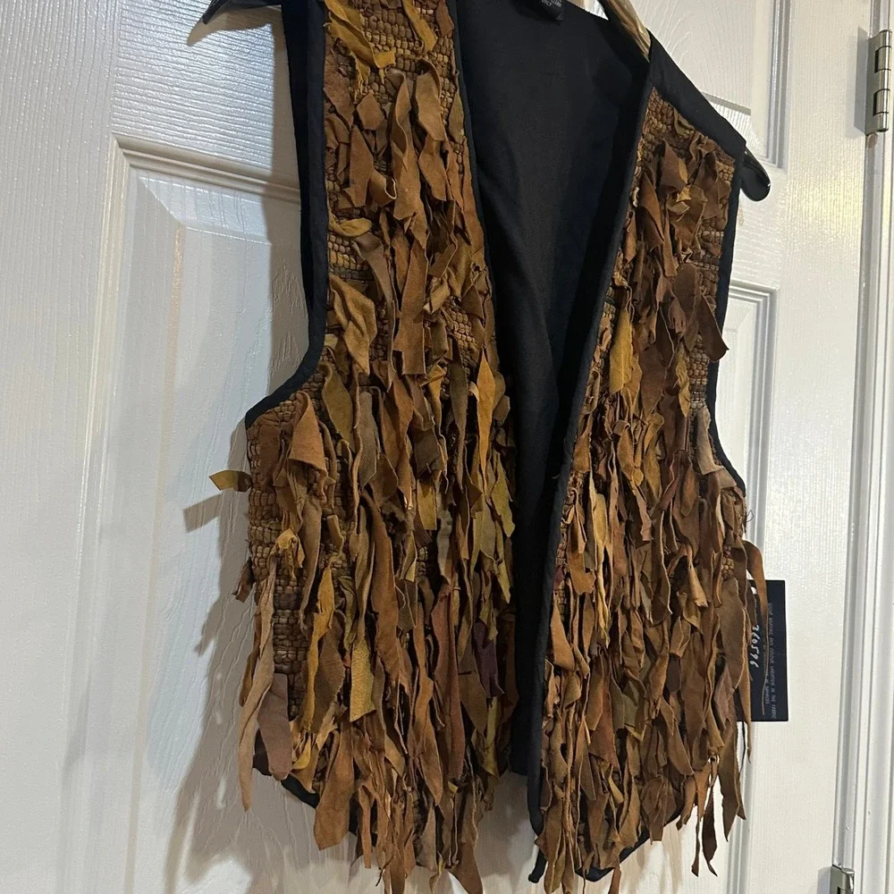 AJNY Mens Brown Shaggy Raw Edge Genuine Leather Vest Boho Western Large NWT‎
